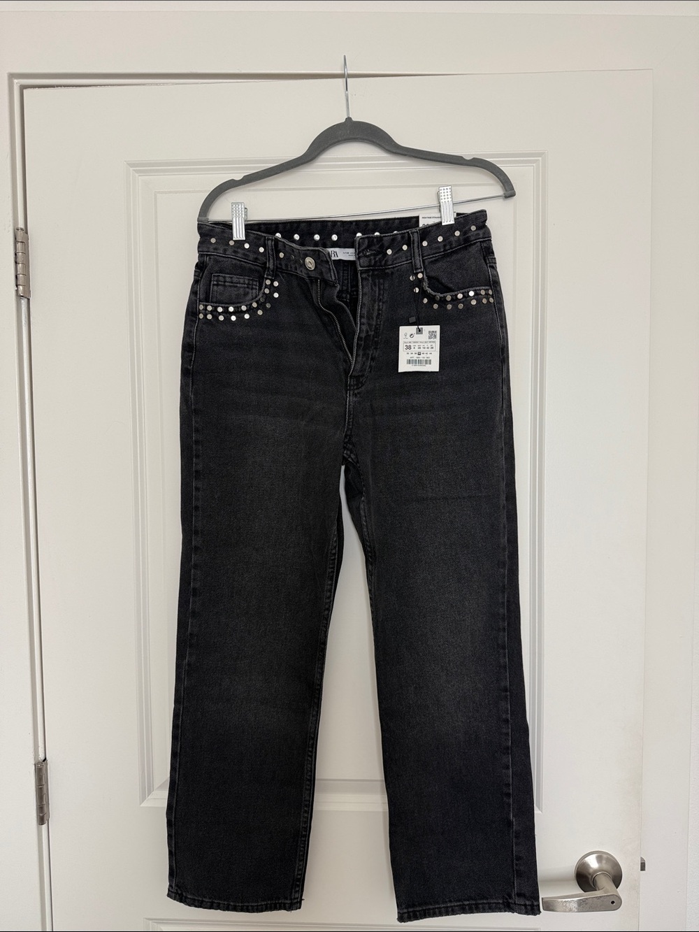 Zara Black Studded Straight-Leg Jeans